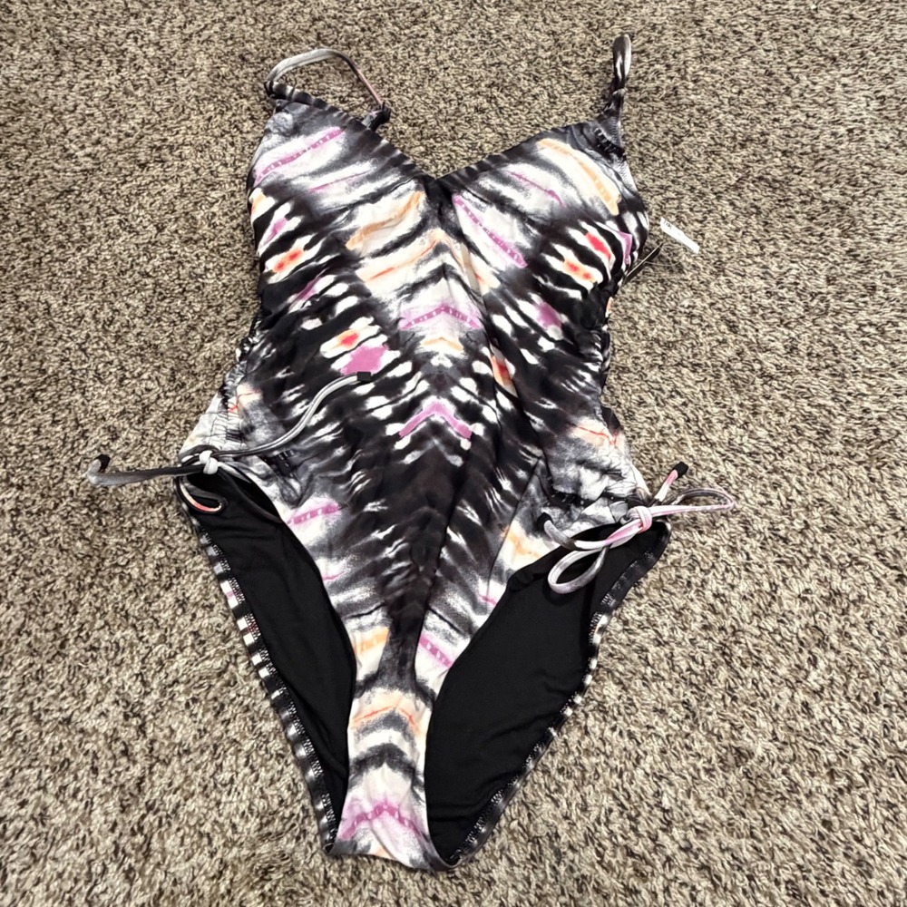 Bar III Womens Tie Dye One Piece Swimsuit Black Pink Orange V-Neck Size Medium